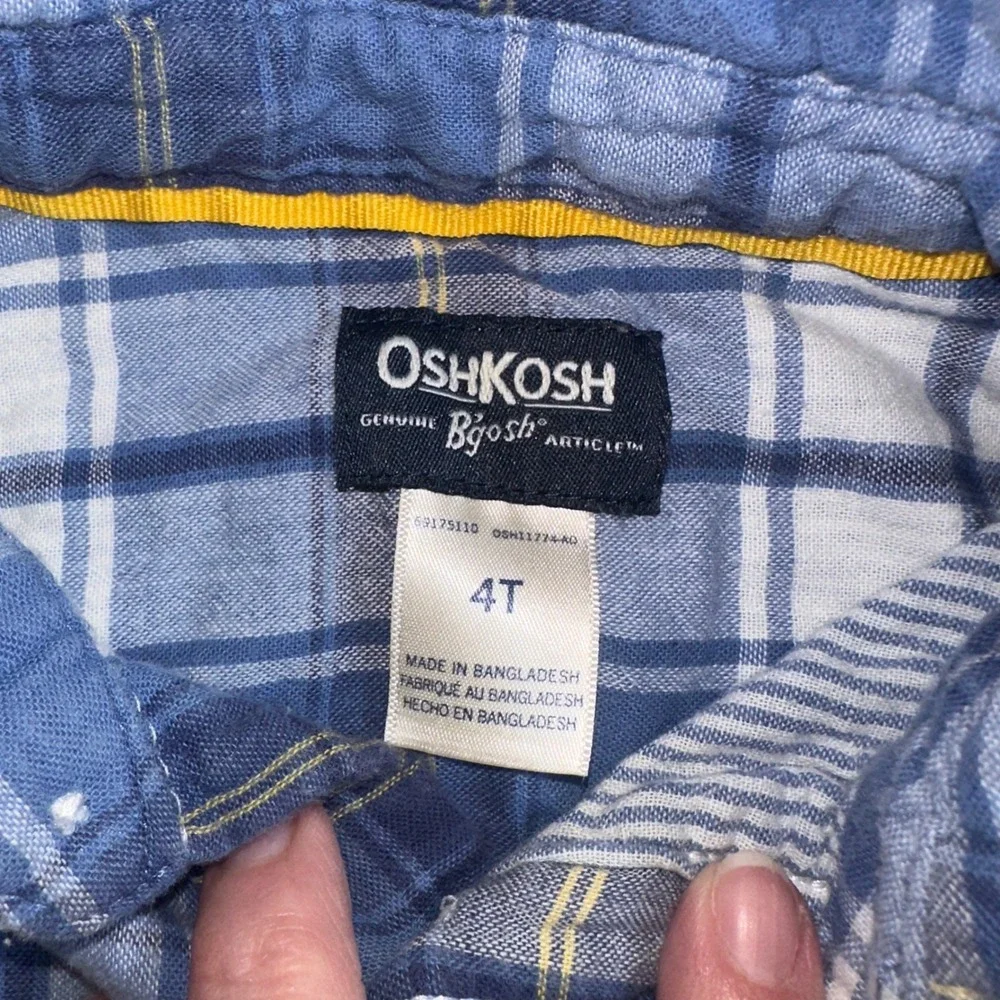OshKosh Bgosh Boys Blue White Plaid Long Sleeve Button Down Shirt 4T‎ Cotton